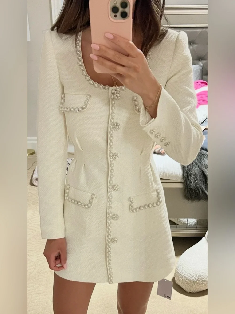 Self-Portrait Ivory Pearl-Trim Long-Sleeve Dress Coat - Picture 1 of 2